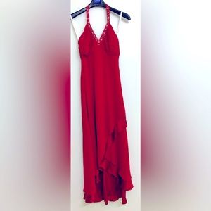 David’s Bridal Long red halter dress with bead work. David’s Bridal size 4